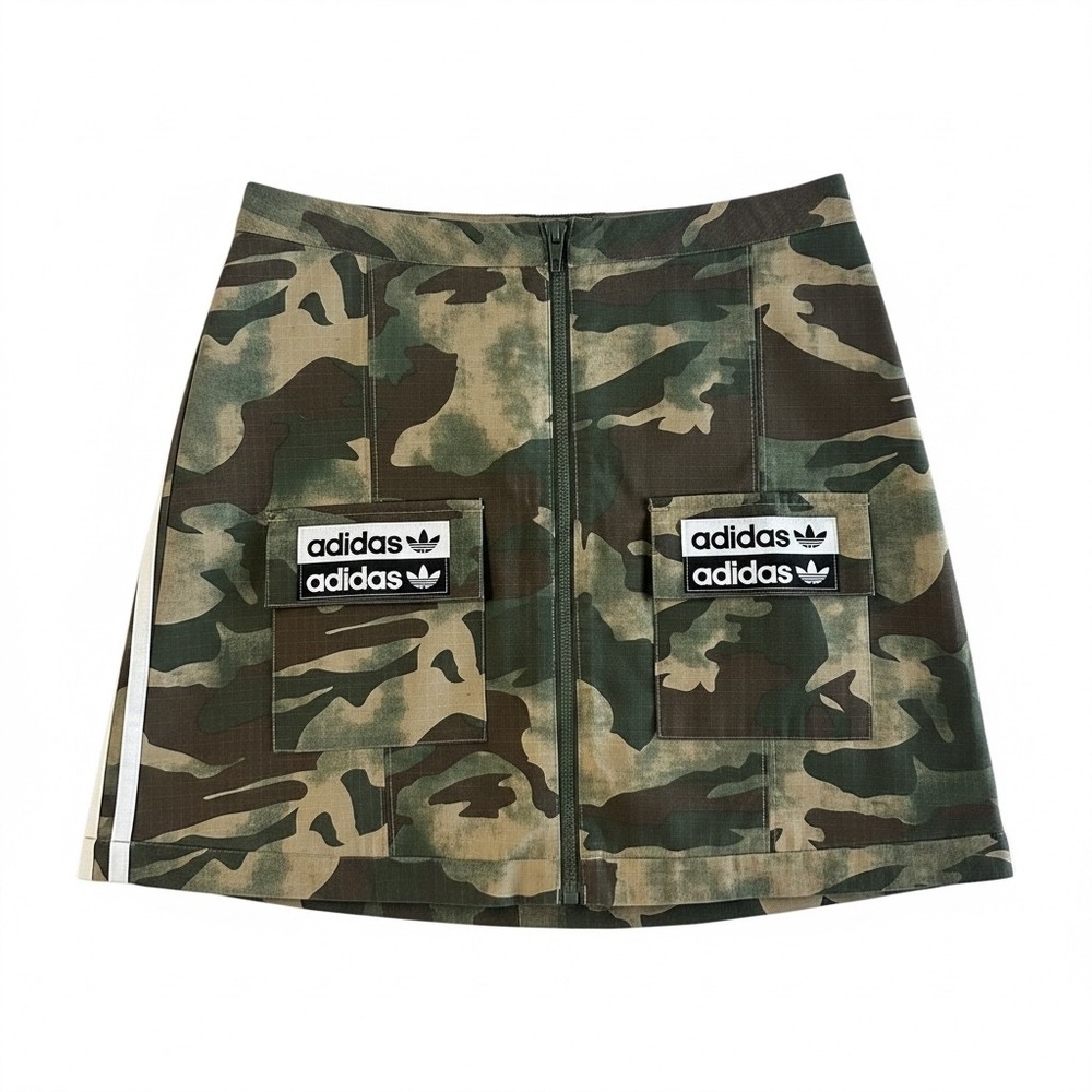 Adidas Originals Green Camo Ripstop Cargo Zip Mini Skirt XS Logo Patches